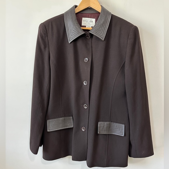 Vintage Brown Wool & Leather Contrast Blazer Jacket By Oscar De La Renta Size 14 - Picture 3 of 14